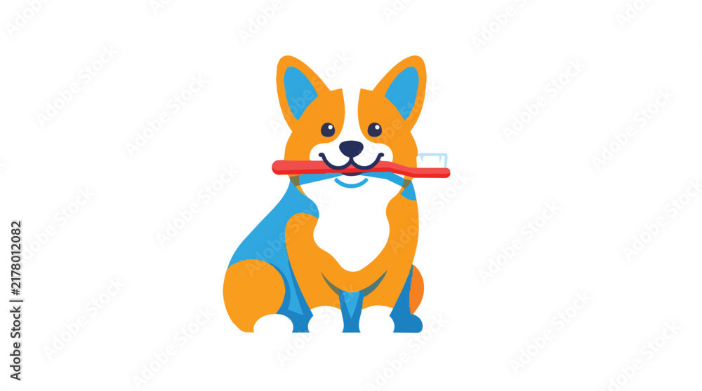 Fototapeta premium Cute corgi brushing teeth with toothbrush