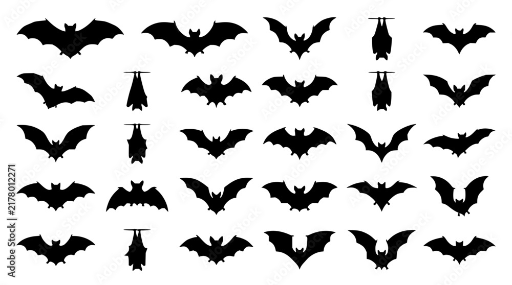 Fototapeta premium Bat silhouettes set with various poses featuring flying bats, hanging bats, wing spread and isolated shapes with black and white design