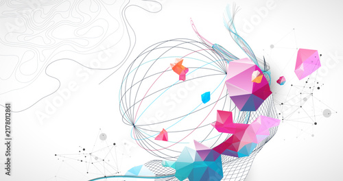 Foto Abstract art background with scientific geometric concepts colorful low poly crystals and delicate wave lines
