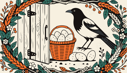 magpie bird standing next to eggs in basket