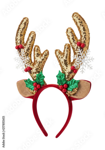 luxurious festive red velvet headband featuring sculptural golden sequin antlers, holly, and snowflakes, isolated on transparent with sharp focus across all details. concept of luxury christmas