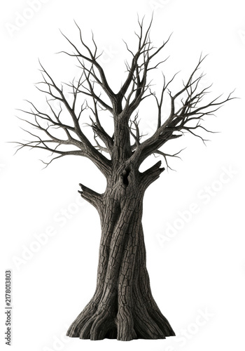 Massive, gnarled skeletal dead tree with cracked dark bark and sharp, twisted branches, defined by high contrast rim lighting, isolated on transparent background. concept of haunting decay