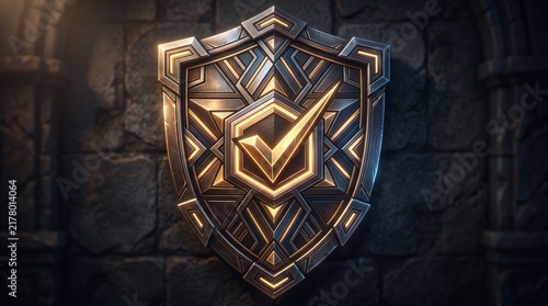 Glistening l shield featuring a central golden checkmark symbol mounted on a dark ancient stone wall, representing security, verified status, success, and protection in a cinematic atmosphere