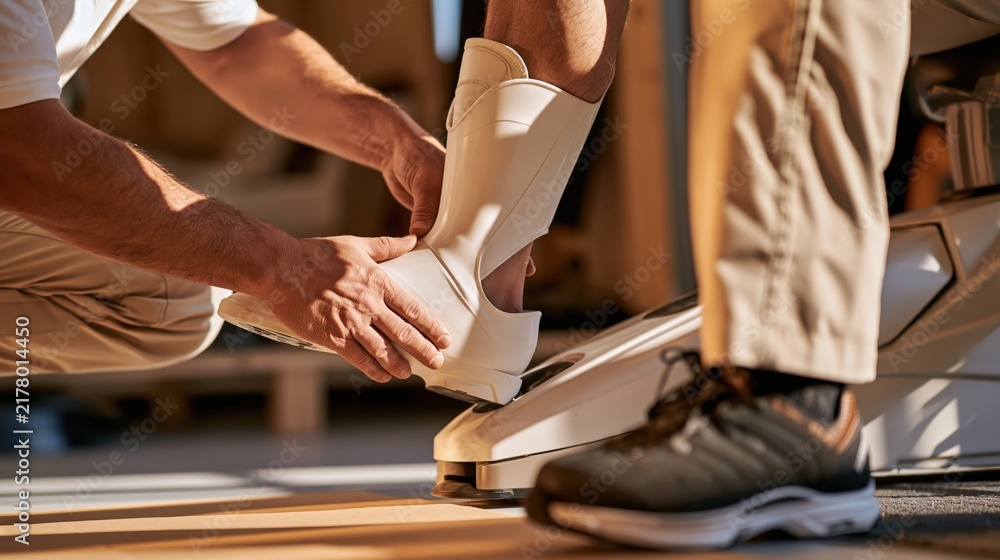 Fototapeta premium Technician adjusting boot fitting on patient foot with hands