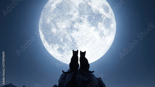 Two Cats Silhouetted Against a Giant Full Moon