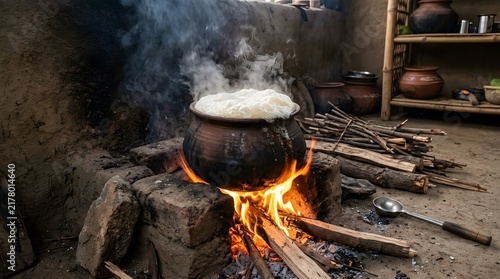 Traditional black cast iron cauldron boiling over open wood fire in rustic hearth setting.