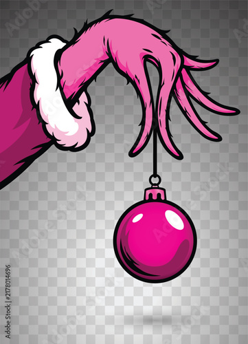 Pink Furry Hand Holding Red Christmas Ornament Vector