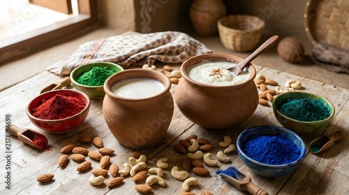 Natural colorful powder dyes in bowls for Holi festival celebration and organic cosmetics.