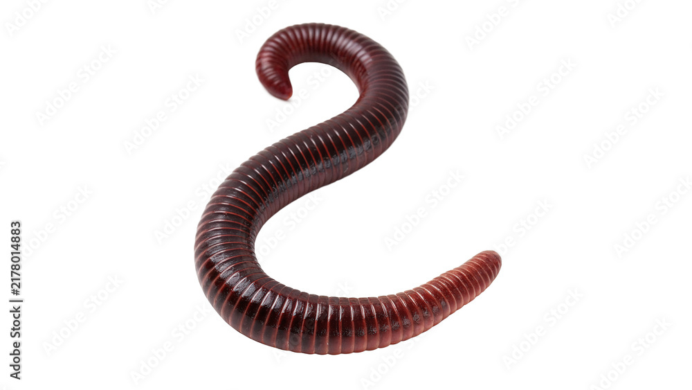 Fototapeta premium Single pink crawling earthworm in a curved position isolated on transparent background