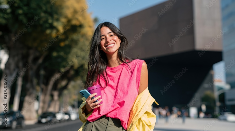 Obraz premium Smiling woman holding coffee and smartphone on urban street for lifestyle banner design and background use
