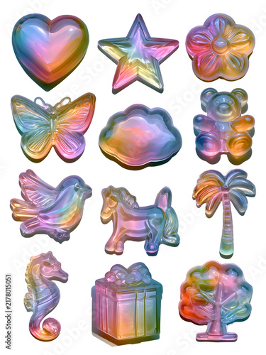 Fototapeta 虹色に輝くぷっくり立体シール風アイコンセット_オーロラカラーのグミ風パーツ素材