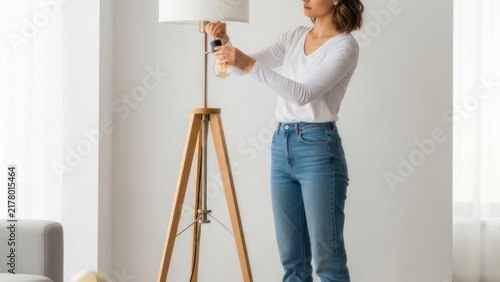 Woman Changing Light Bulb in Floor Lamp