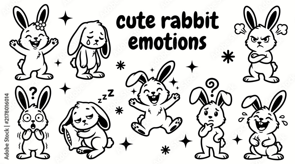 Obraz premium cute rabbit emotions featuring happy sad angry surprised sleepy excited scared confused and laughing vector set for children emotions education stickers social media messaging animal characters