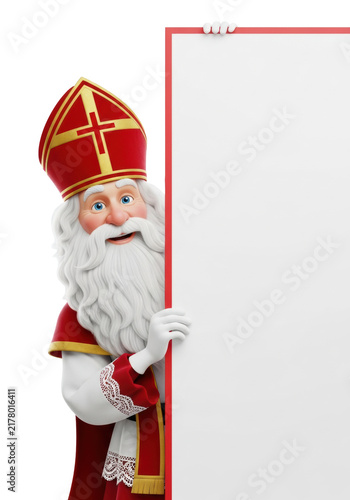 Highly detailed 3d render of cheerful sinterklaas with red velvet miter, peeking around a blank sign against a silver-gray studio background. Concept for dutch holiday advertising
