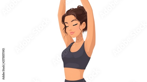 A person stretching both arms over the head, wearing sportswear. Isolated on white background.