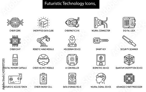 Futuristic Technology Icons Set Minimalist Sci-Fi Tech Vector Elements