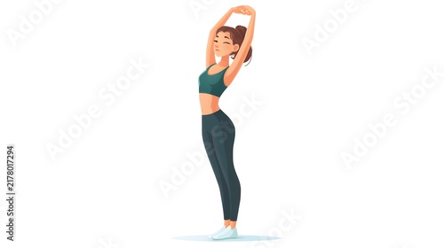 A person stretching both arms over the head, wearing sportswear. Isolated on white background.