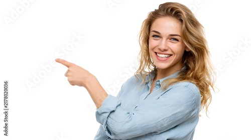 A person smiling and pointing sideways, isolated on white background.