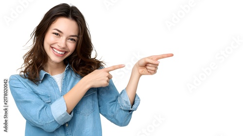 A person smiling and pointing sideways, isolated on white background.
