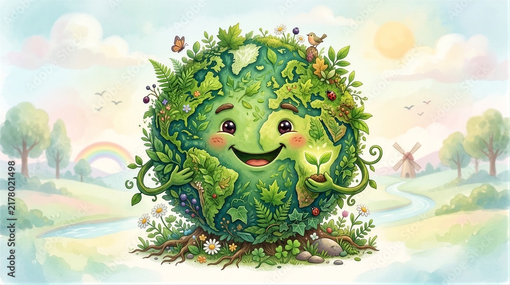 Obraz premium Anthropomorphic earth character smiling in pastoral landscape