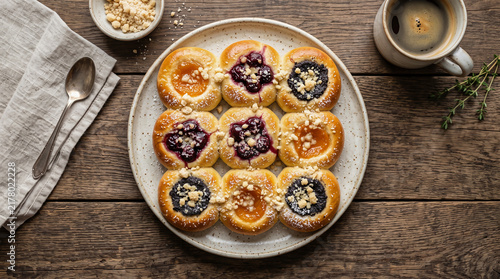 Slavonic/ Czech sweets dish: Kolaches/ koláč pastries on a table seen from above with copy space, ad image traditional East European food