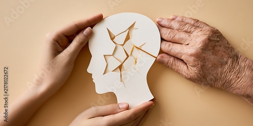 Caregiver supporting elderly relative with alzheimers, hands holding paper head silhouette, memory care concept