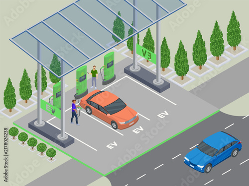 isometric EV charging station with a polycarbonate canopy