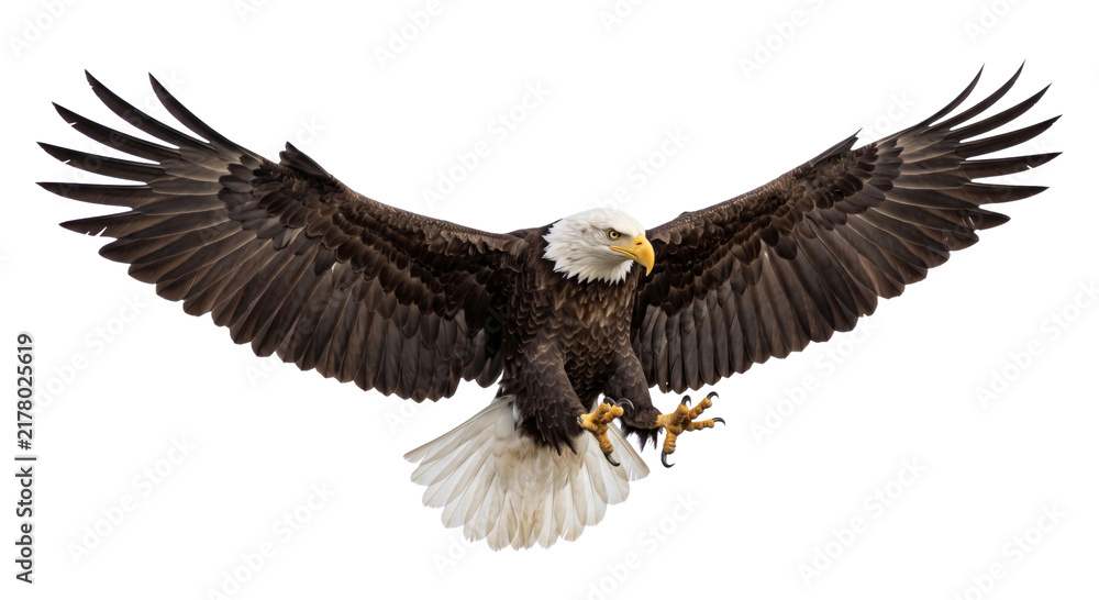 Obraz premium Majestic bald eagle with wings spread wide in mid-flight, showcasing its powerful talons