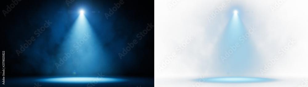 Obraz premium Blue spotlight shining on stage, isolated on transparent background