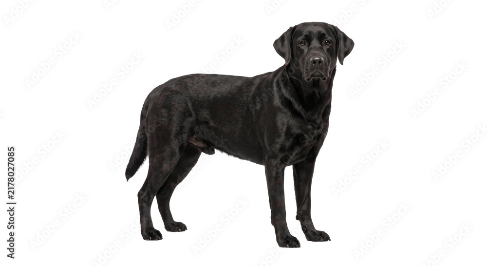 Obraz premium A sleek black Labrador Retriever stands attentively on a clean white background