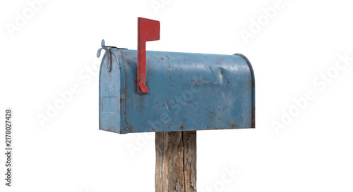 Photography Vintage blue mailbox with red flag on weathered wooden post