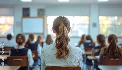 Rear view of school students listening to teacher or writing on exam paper inside bright academy classroom, focusing on high school academic concentration learning context.