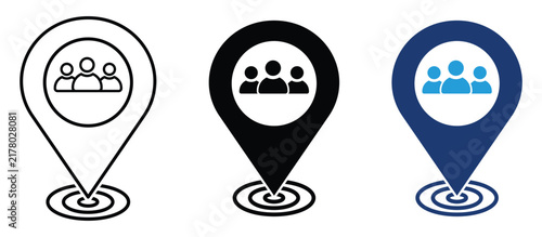 Foto Team meeting point and community map pin icon with target audience location marker
