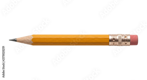 Cuadro en lienzo Sharpened yellow wooden pencil with pink eraser and metal ferrule on white backg
