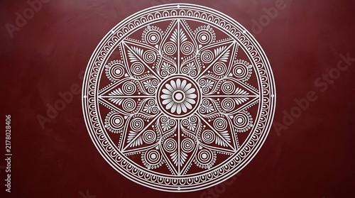 Intricate White Circular Mandala Pattern on Dark Red Background
