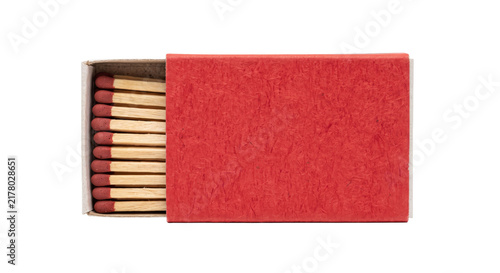 Fotografía Red matchbox with wooden matches inside, isolated on white background