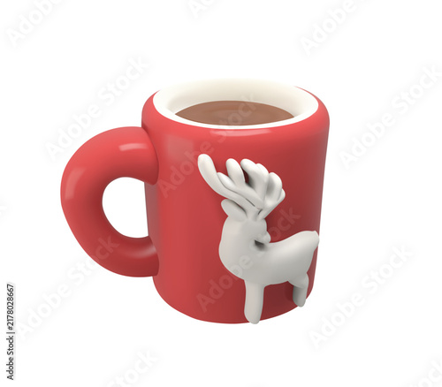 3D Christmas Mug Icon, Red Cocoa Mug with Reindeer Vector illustration