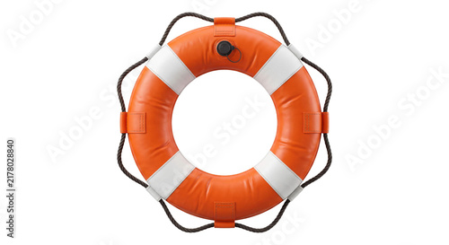 Konstfotografi Orange life preserver ring with white stripes and rope detail