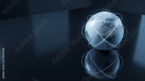 Globe with Orbiting Data Lines Representing Global Satellite Network