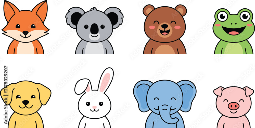Fototapeta premium Cute cartoon animal character vector avatar set featuring friendly fox koala bear frog puppy rabbit elephant and pig icons for kids kids graphic designs.