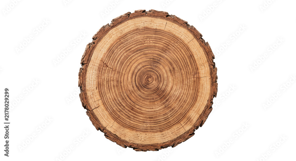 Fototapeta premium Close-up view of a tree ring cross-section showing growth patterns and bark texture