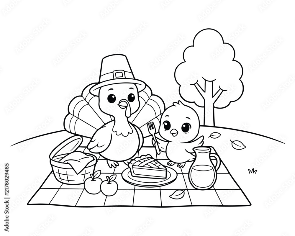 Naklejka premium Cute cartoon turkey wearing a pilgrim hat enjoys a picnic with a chick and apple pie outdoors