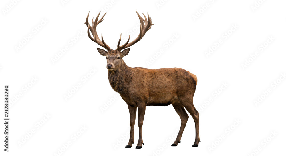 Obraz premium Majestic red deer stag with impressive antlers standing proudly against a white background