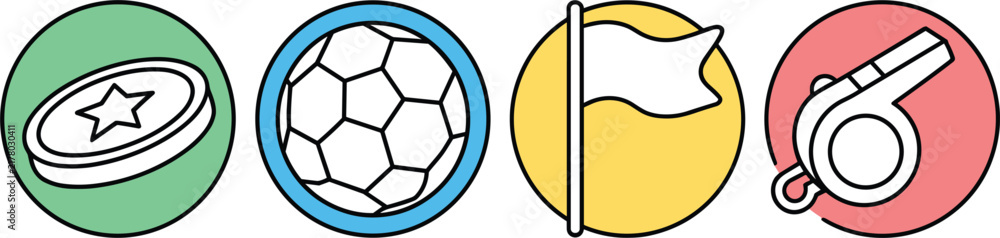 Naklejka premium Soccer referee line icon set featuring coin toss soccer ball linesman flag and whistle inside colorful round badge buttons for football match officiating.