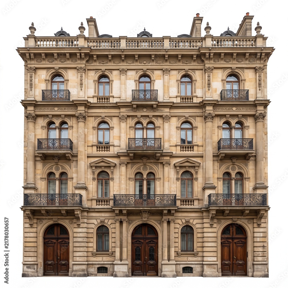 Obraz premium Ornate historic European building with arched windows and wrought iron balconies