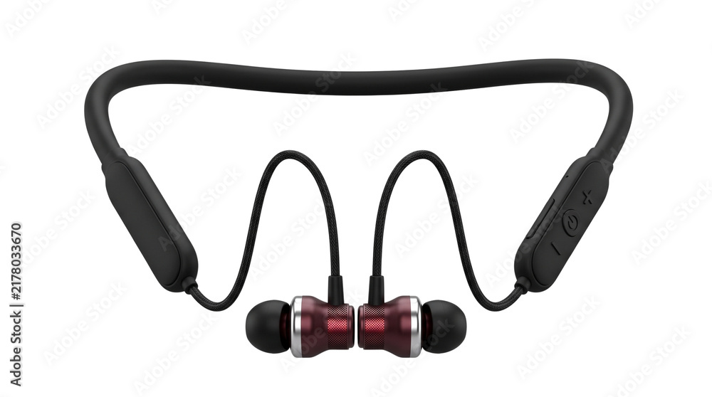 Obraz premium Wireless neckband headphones with red metallic earbuds. Bluetooth sports earphones for running. Modern audio headset with flexible collar. isolated PNG with Transparent Background