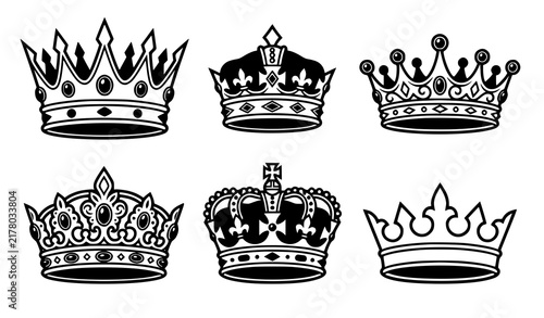 Obraz na płótnie Black and white royal crown collection with jewels decorative bands and ornate k