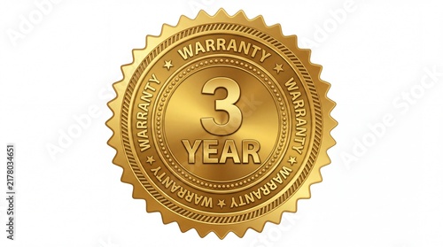 Shiny gold metallic three year warranty seal emblem icon badge isolated on white background