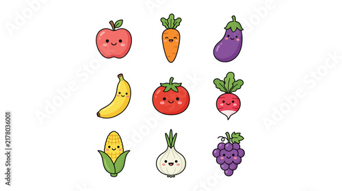 Cute cartoon vegetable and fruit character collection set.