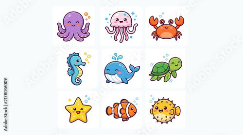 Cute cartoon sea creatures collection set.